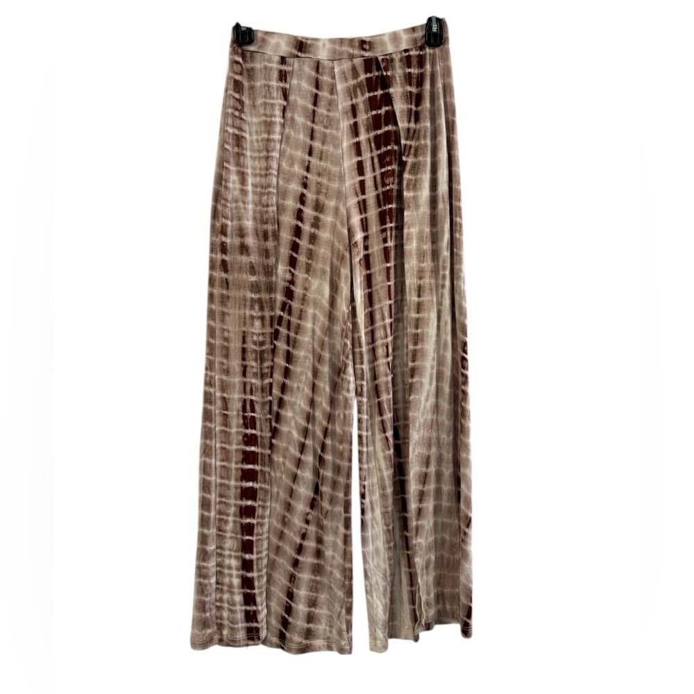 Women’s High Waisted Palazzo Tye Die Side Slit Pants Medium Brown Tan Cream - Picture 3 of 11